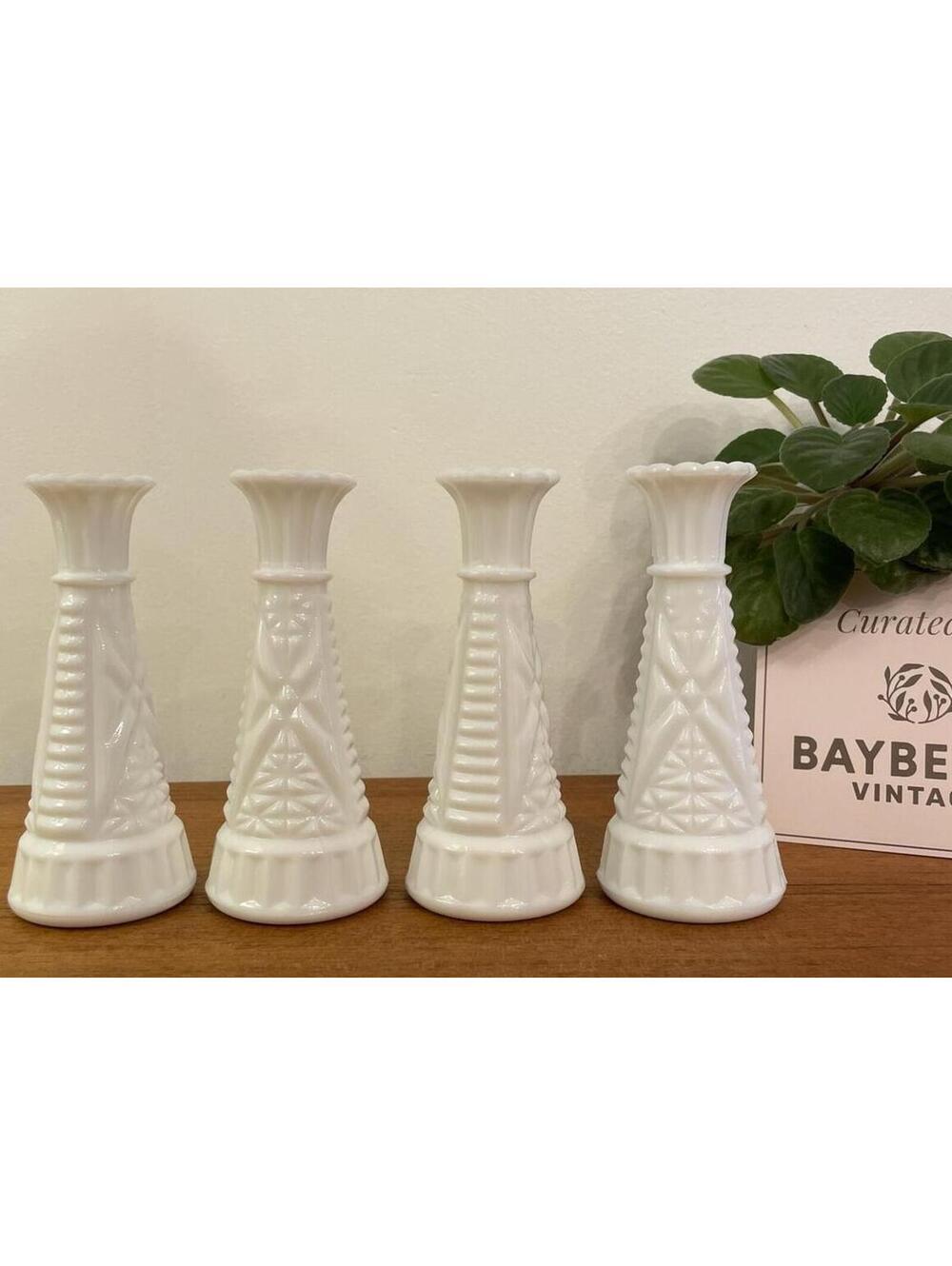 Vintage Anchor Hocking Stars and Bars Milk Glass Bud Vases Set of 4 White 6"
